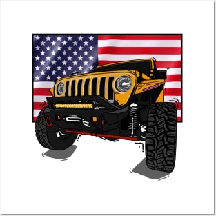 Jeep with American Flag - Orange Essential Posters and Art